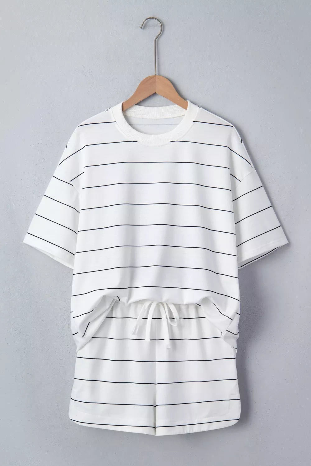 White striped half sleeve tee and drawstring shorts set