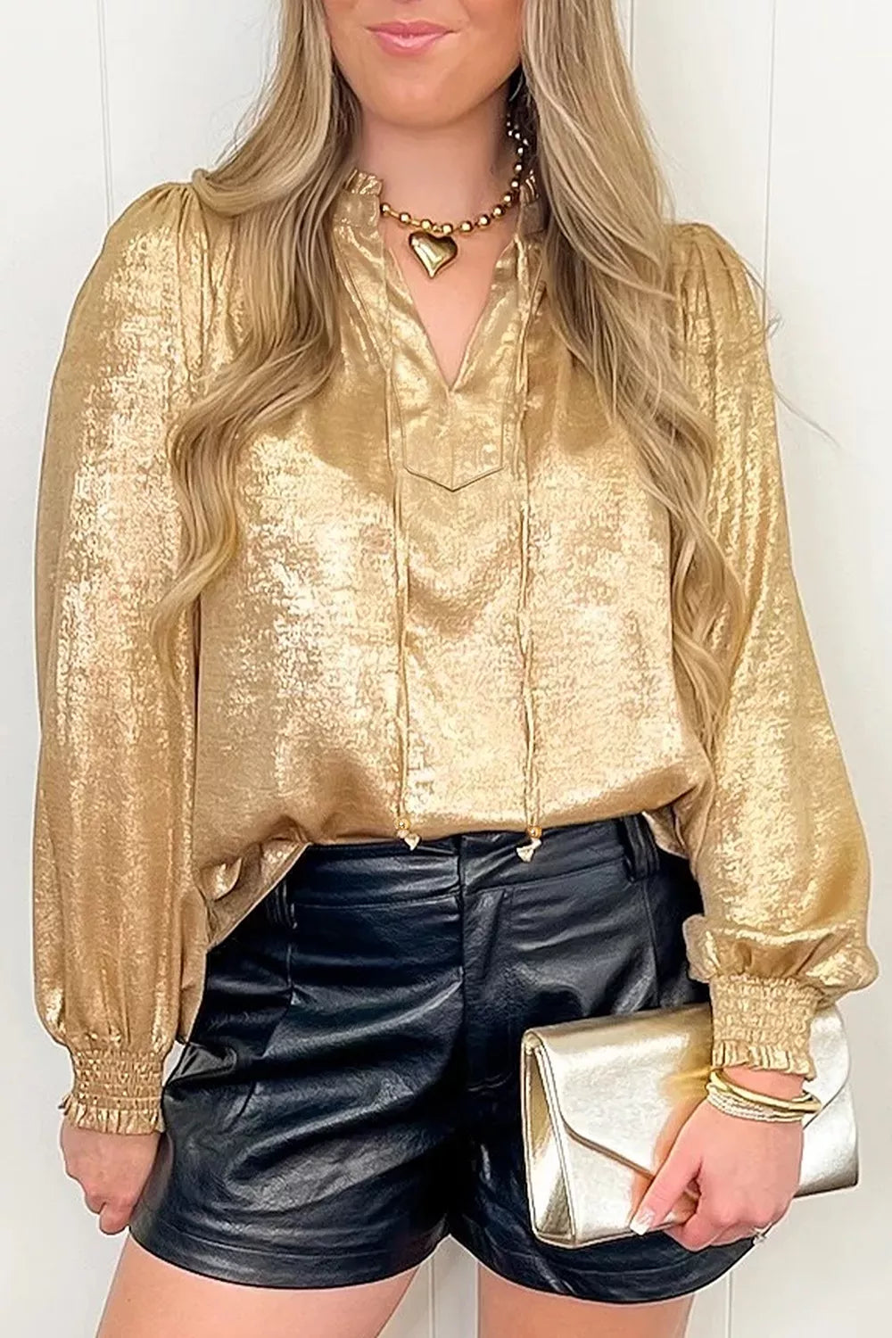 Metallic Sheen V Neck Gathered Cuff Blouse, close-up detail