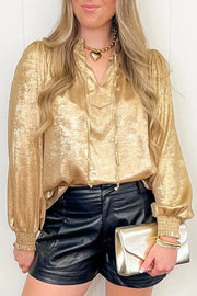 Metallic Sheen V Neck Gathered Cuff Blouse, close-up detail
