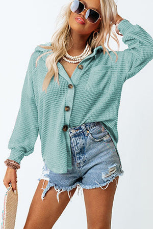 Light Green Waffle Knit Button-Down Shirt Jacket with button details
