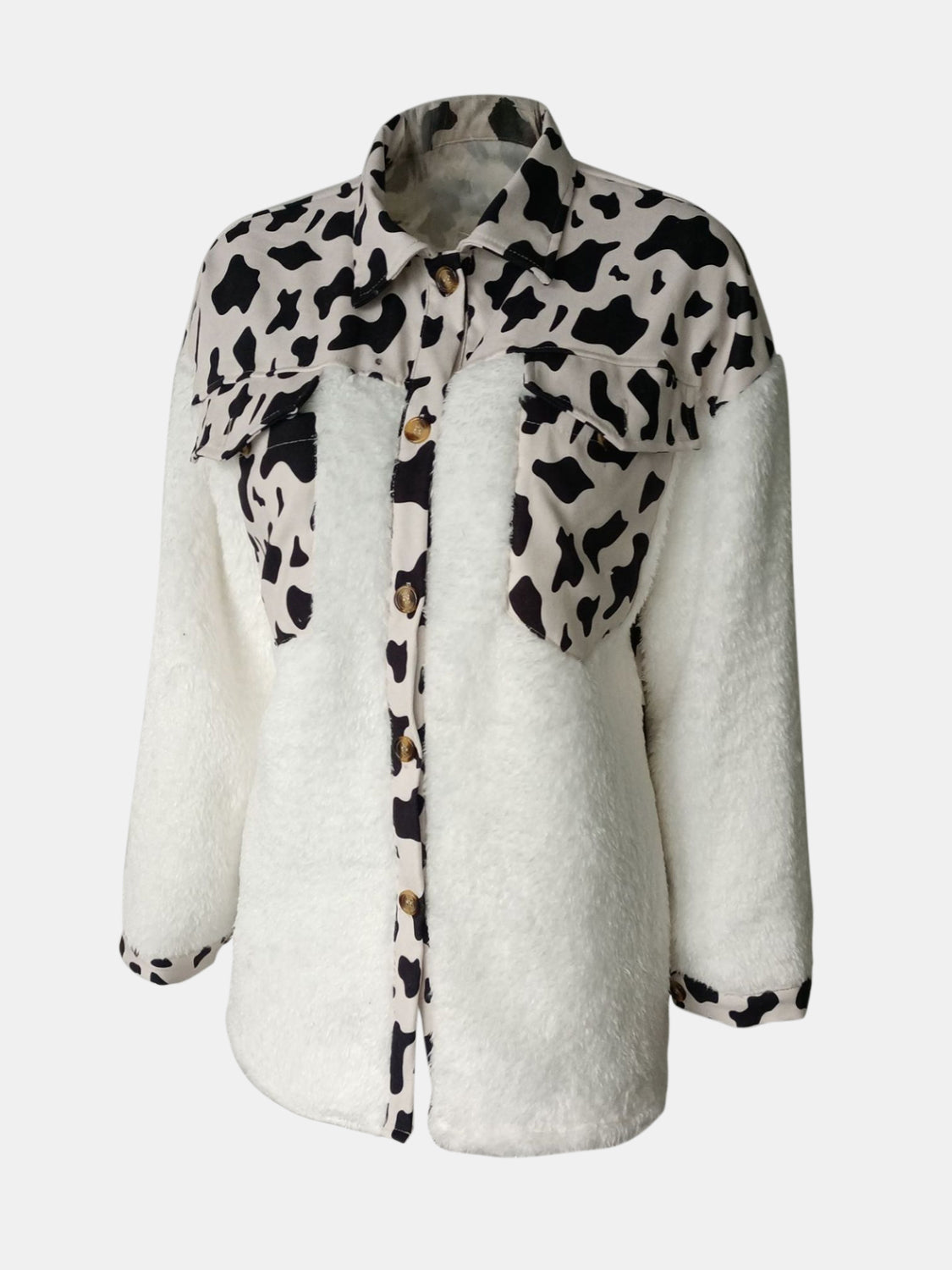 Plaid & Sherpa Hybrid Shacket in Leopard print with button front and chest pockets.