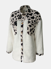 Plaid & Sherpa Hybrid Shacket in Leopard print with button front and chest pockets.