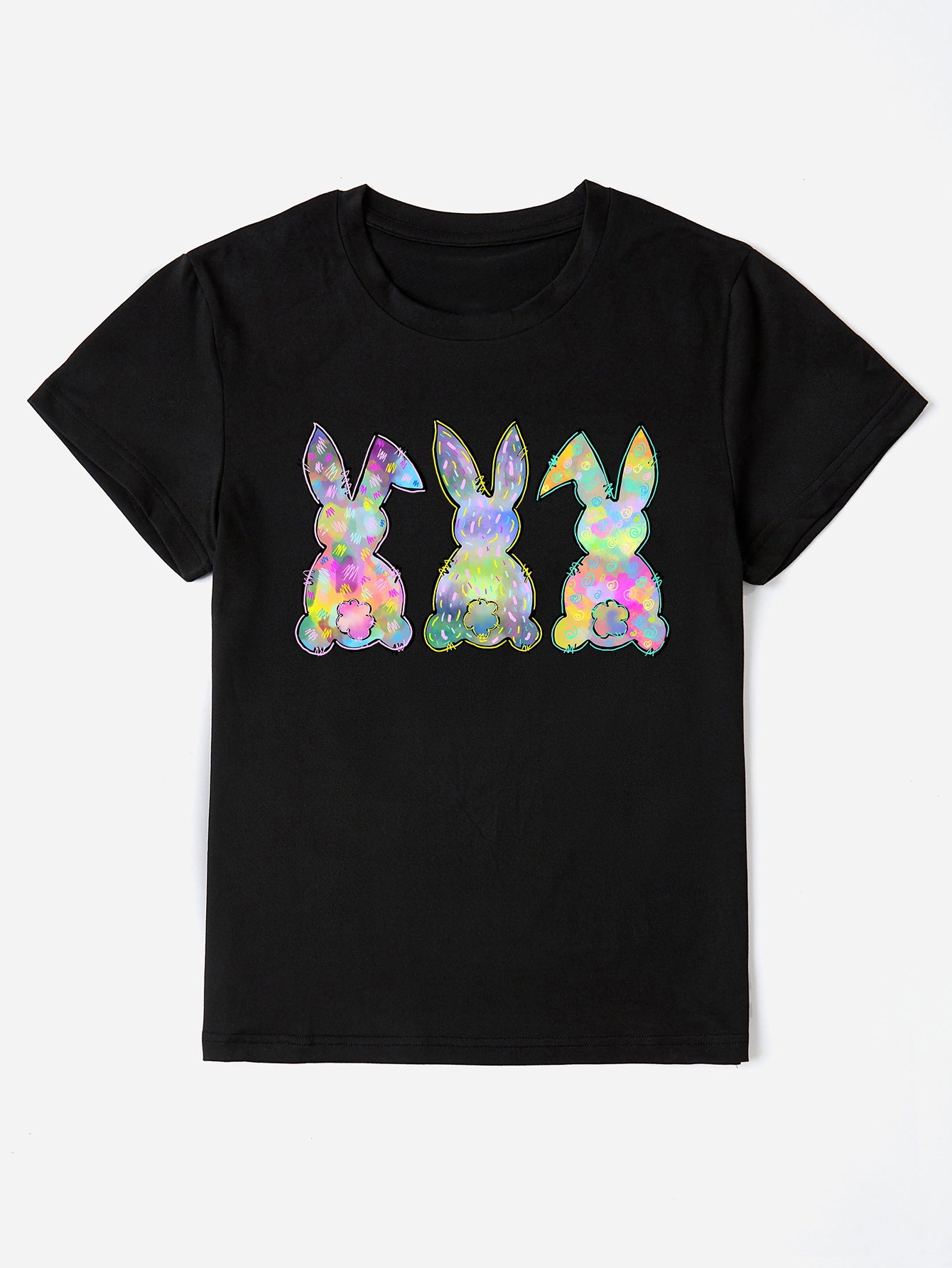 Black t-shirt with three colorful pastel bunny silhouettes graphic print