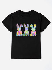 Black t-shirt with three colorful pastel bunny silhouettes graphic print