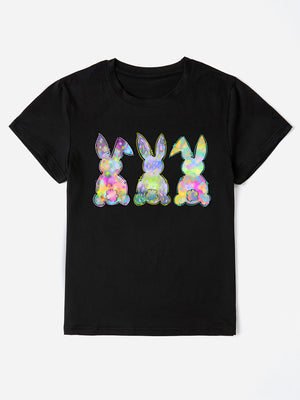 Black t-shirt with three colorful pastel bunny silhouettes graphic print