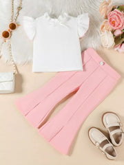 Baby pink flare pants and white ruffle-sleeve top set with pink trim.