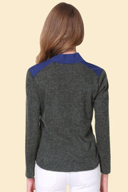 Colorblock knit blouse in dark blue and grey with long sleeves, shown from the back.