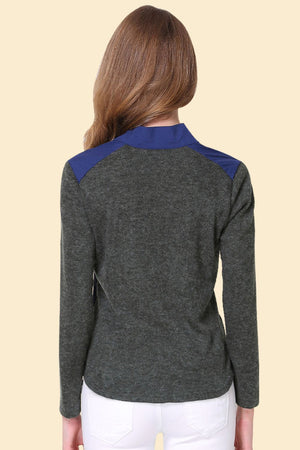 Colorblock knit blouse in dark blue and grey with long sleeves, shown from the back.
