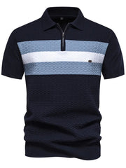 Dark Navy polo shirt with chevron stripes, quarter zip, and textured fabric.