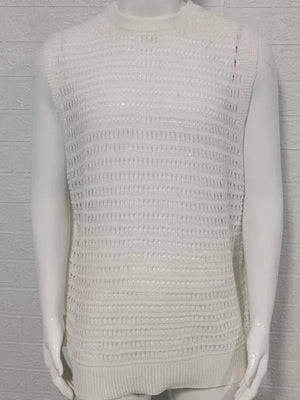 Ivory openwork knit tank top with a mock neck and ribbed hem.