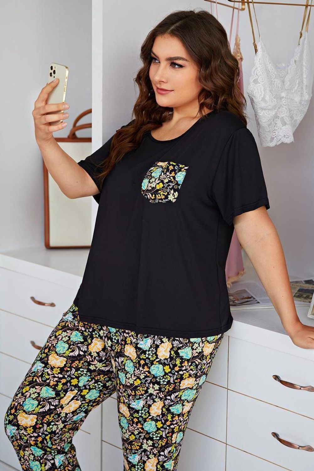Black lounge set with botanical print pocket and pants