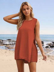 Textured knit co-ord set in rust with side slits and ribbed shorts.