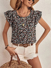 Black floral print blouse with flutter sleeves and button front detail.
