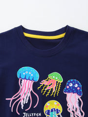Navy cotton crew neck t-shirt with colorful jellyfish graphic and yellow trim.