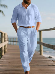 Light blue linen blend collared long sleeve top and pants set for men.