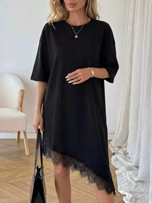 Black asymmetrical t-shirt dress with lace trim hem