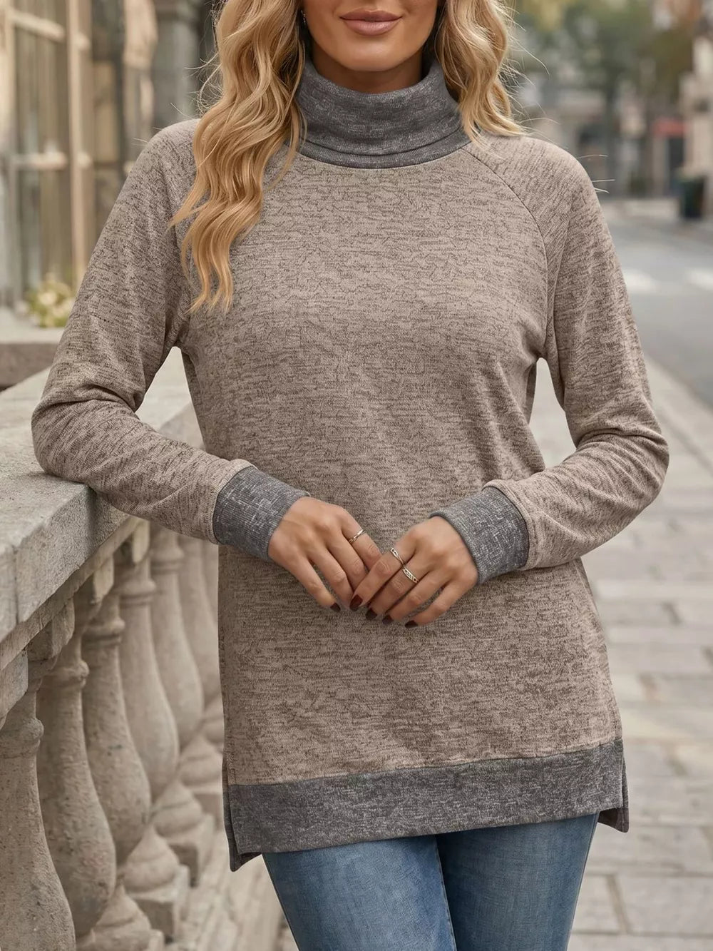 65% rayon, 30% polyester, 5% spandex Care instructions: Machine wash cold turtleneck sweater in Mocha with regular silhouette