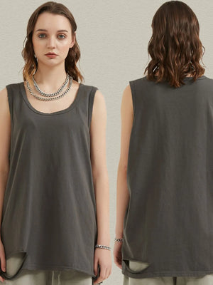 Dark gray raw edge scoop neck tank top with distressed hem detail