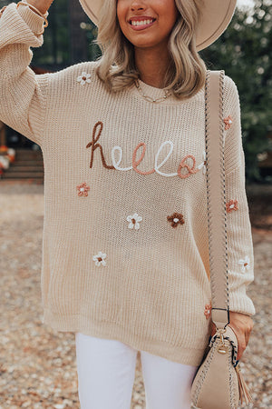 Hello Embroidered Floral Knit Sweater in Khaki with crew neck and long sleeves.