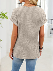 Ribbed knit v-neck t-shirt with buttons, short sleeves, light grey, casual women's top.