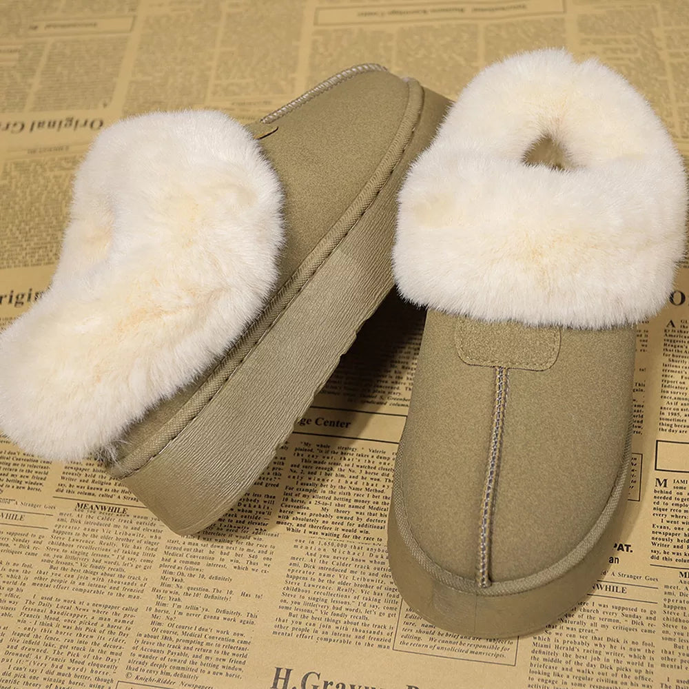 Plush suede platform slippers in matcha green with cream faux fur trim.