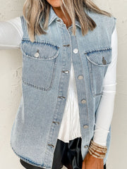 Medium wash oversized denim utility gilet with collared neckline and button front.