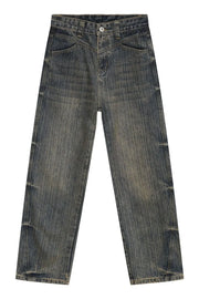 Vintage wash wide-leg denim jeans in dusty blue with a relaxed fit.