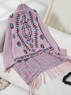 Pink purple knit cardigan with Aztec pattern and fringe detail
