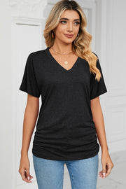 Dark Gray V-neck tee with short dolman sleeves and side ruching detail.