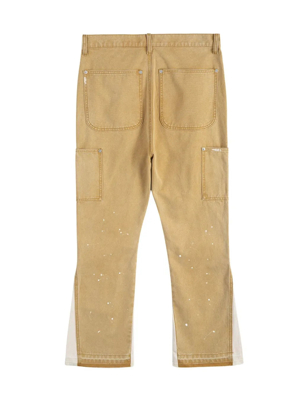Split panel bootcut jeans in coffee brown with white paint splatters and side panels.