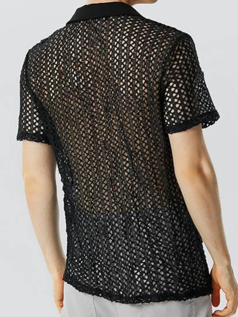Black openwork polo shirt with short sleeves and a collared neckline.