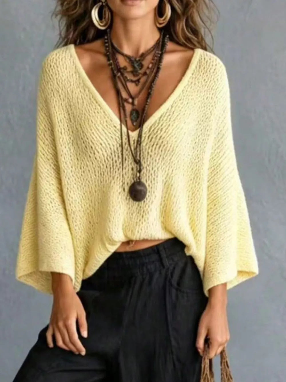 V-neck Batwing Sleeve Sweater in White, editorial view