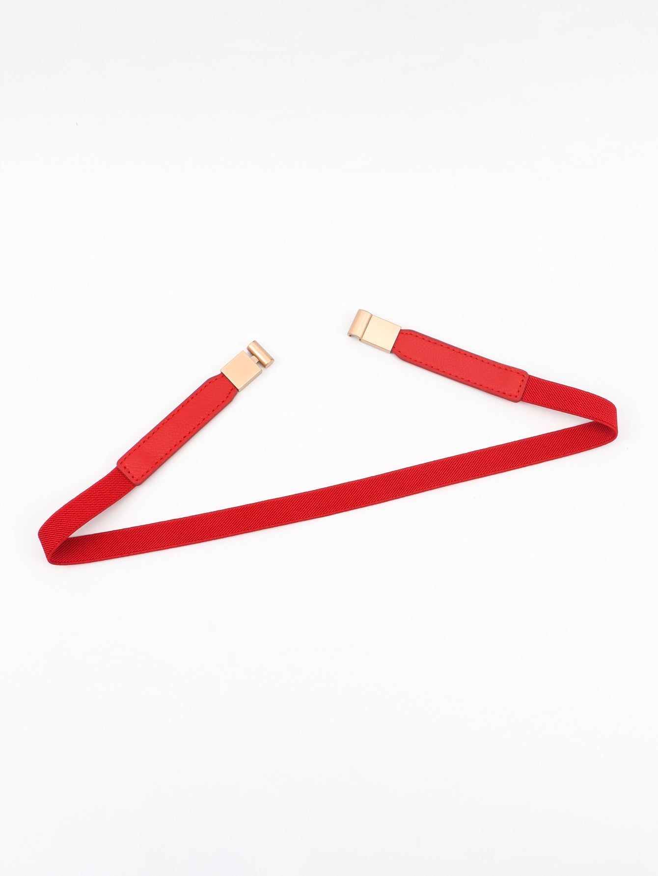 Red elasticated buckle belt with gold alloy hardware and leather detail