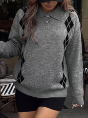 Argyle Patterned Polo Collar Sweater in Dark Gray, close-up detail
