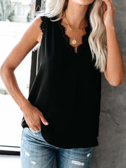 Black silk cami top with lace trim neckline and V-neck