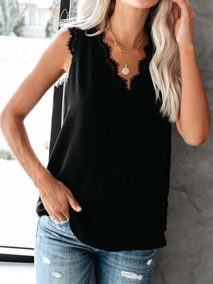 Black silk cami top with lace trim neckline and V-neck