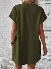 Army green relaxed tee dress with cuffed sleeves and pockets