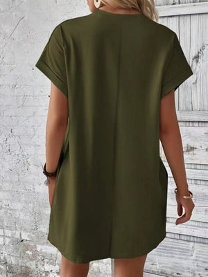 Army green relaxed tee dress with cuffed sleeves and pockets