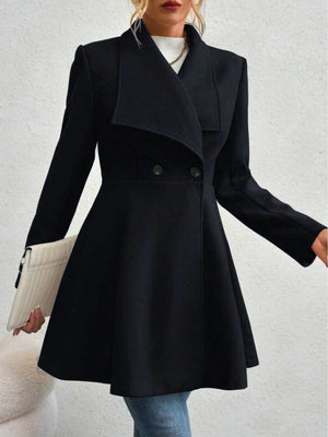 Black draped collar flare-hem coat with double-breasted buttons.