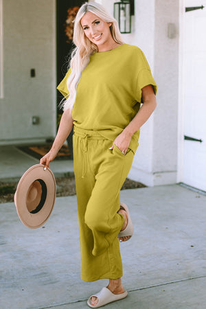 Chartreuse textured knit tee and wide leg pants set with drawstring waist