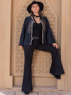 Dark Navy corduroy open-front jacket with leaf embroidery and gold trim.