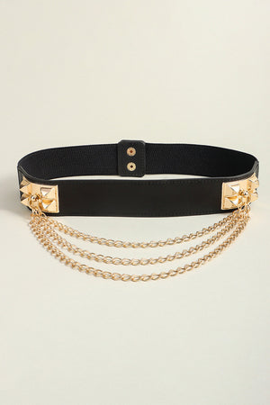 Black elastic belt with gold spiked studs and triple chain drape detail.