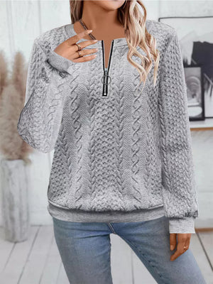 Chic Cable Texture Quarter-zip Sweatshirt in Blue, close-up detail