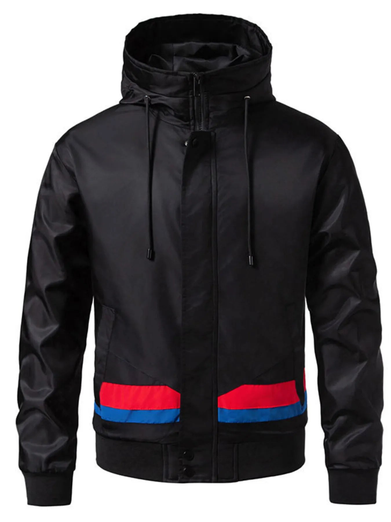Black hooded windbreaker jacket for men with red and blue stripe detail
