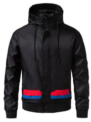 Black hooded windbreaker jacket for men with red and blue stripe detail