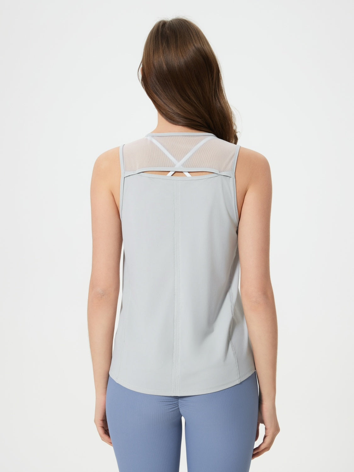 Light Gray mesh-back performance tank top with crisscross straps detail