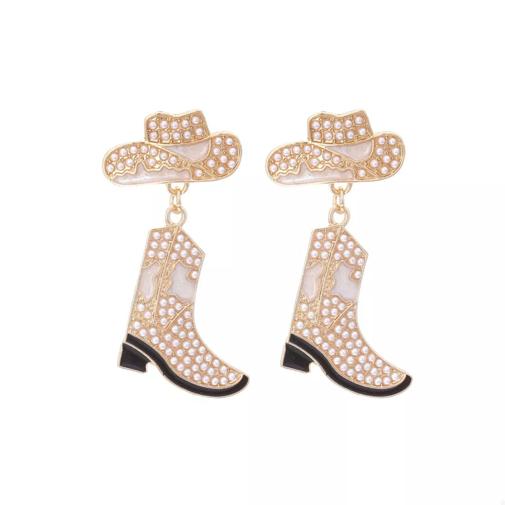 Cowboy hat and boot dangle earrings in ivory white with pearl accents.