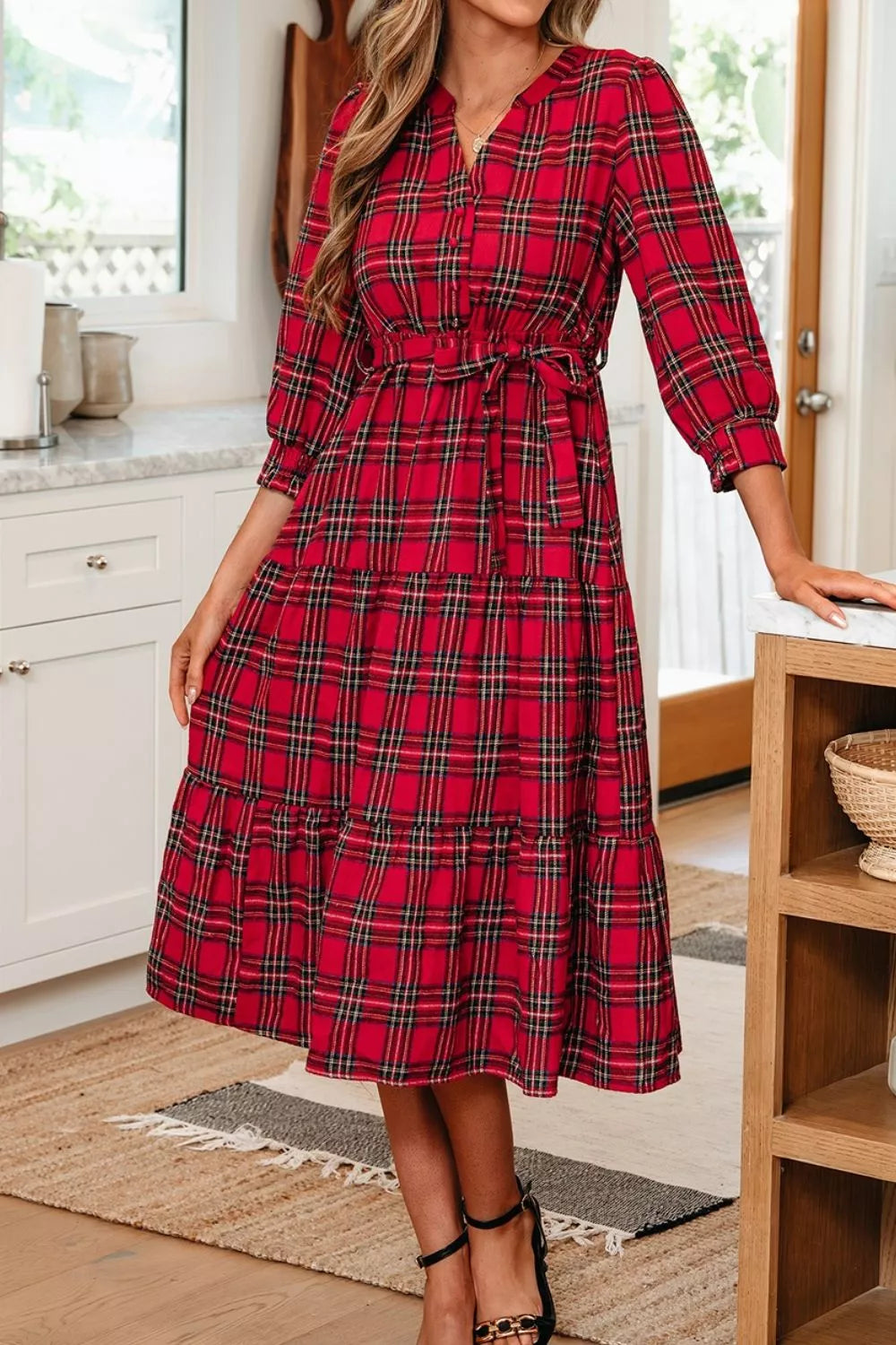 Christmas Plaid V Neck Tie Waist Midi Dress in Deep Red, fabric detail