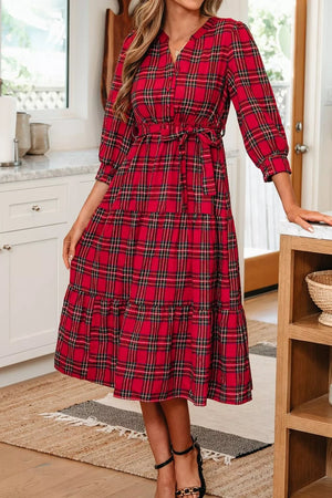 Christmas Plaid V Neck Tie Waist Midi Dress in Deep Red, fabric detail