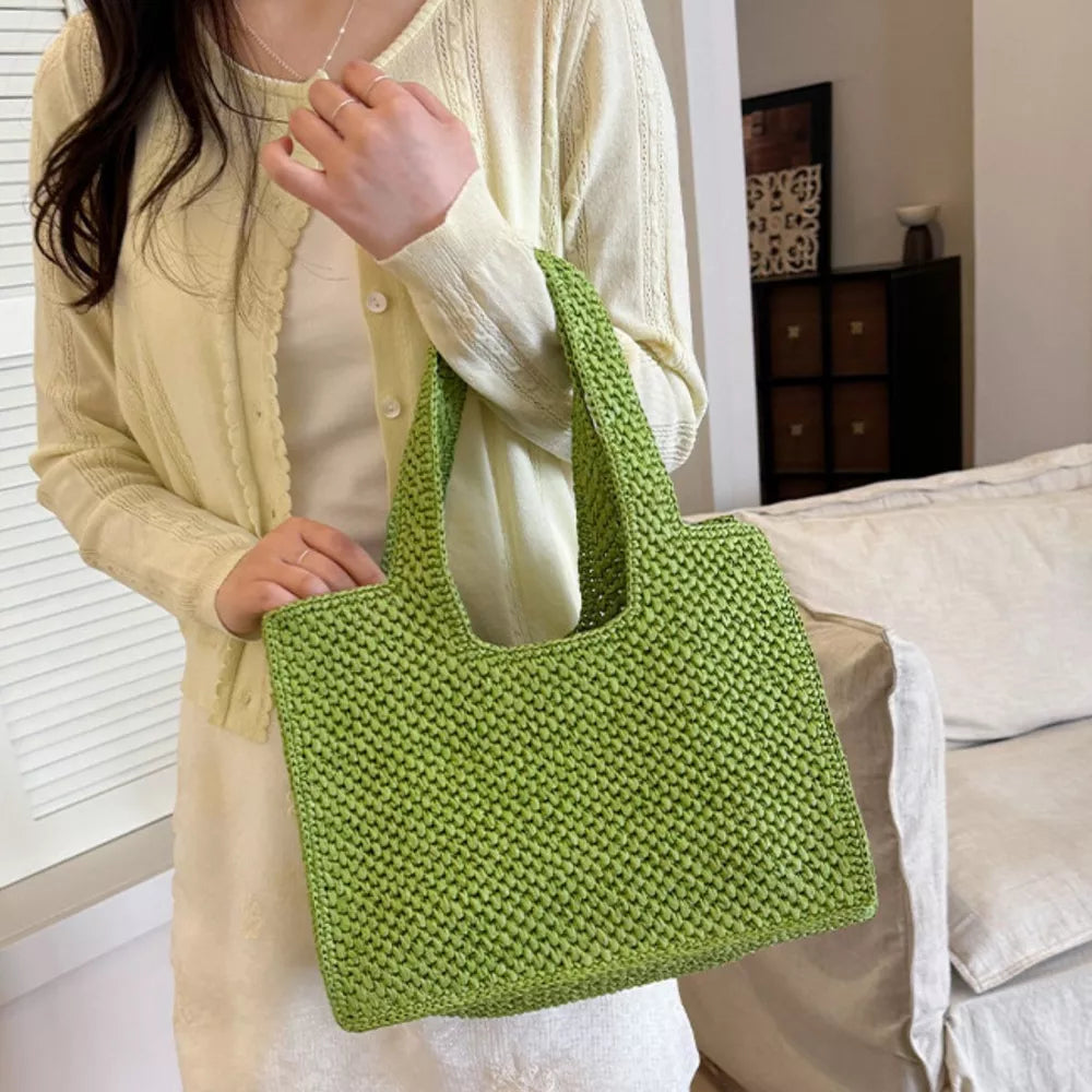 Woven Straw Handbag in Green, alternate angle